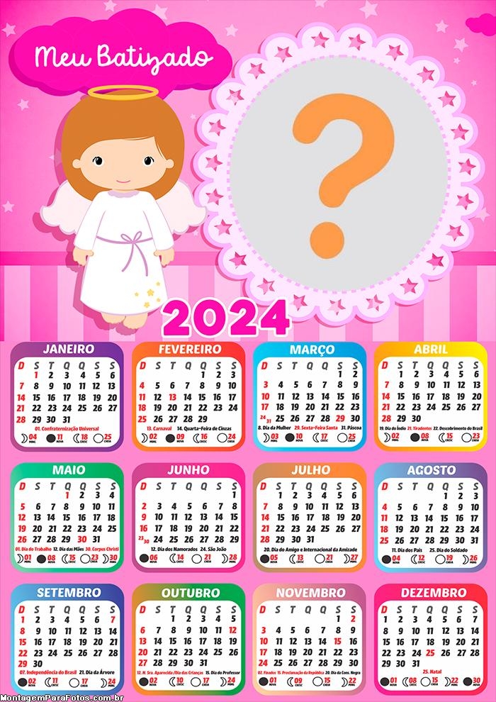 Calendário 2024 Meu Batizado Rosa para Meninas Personalizar Online