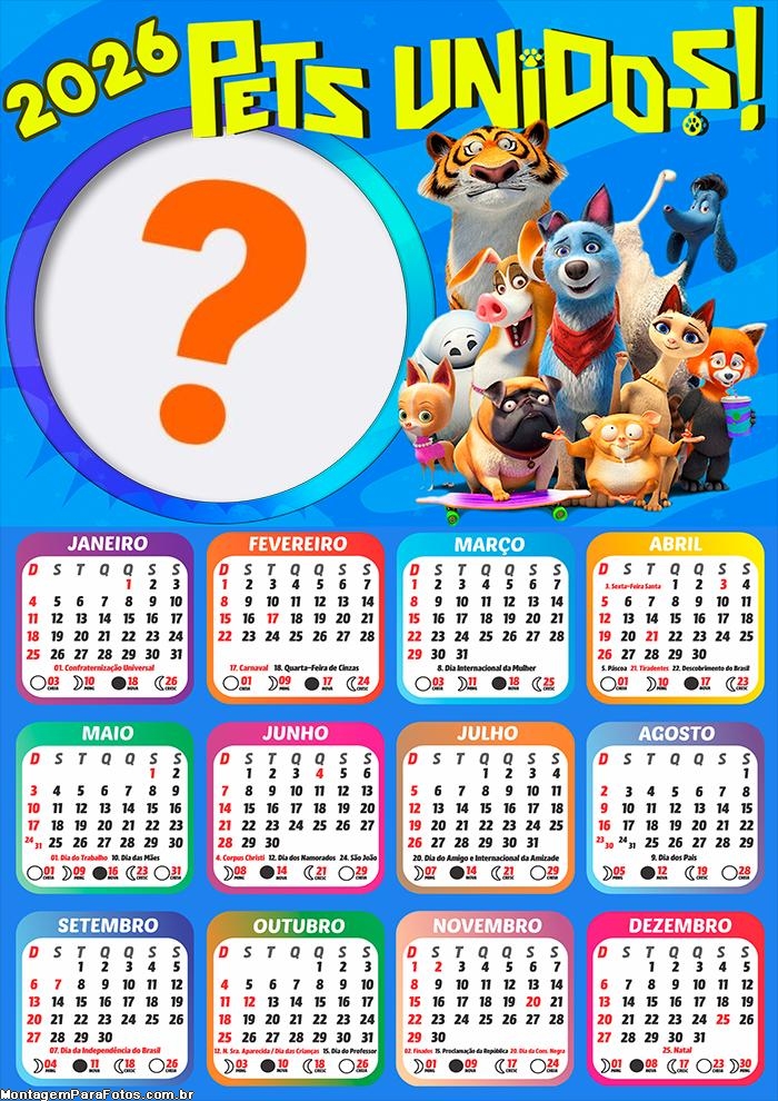 Calendário 2026 Pets Unidos Foto Moldura