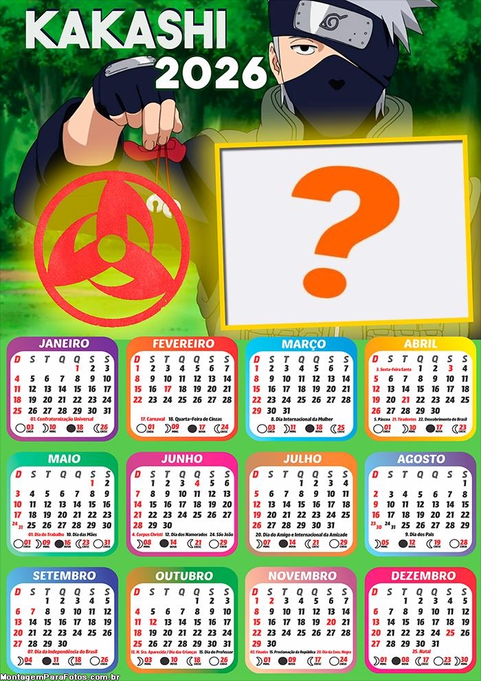 Calendário 2026 Kakashi Colagem Grátis