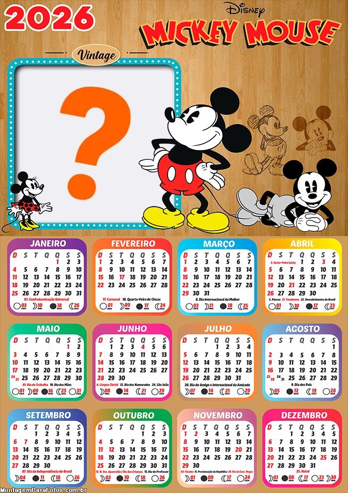 Calendário 2026 Mickey Vintage Colagem de Fotos