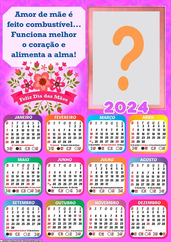 Calendário 2024 Amor de Mãe Colar Online Feliz Dia das Mães