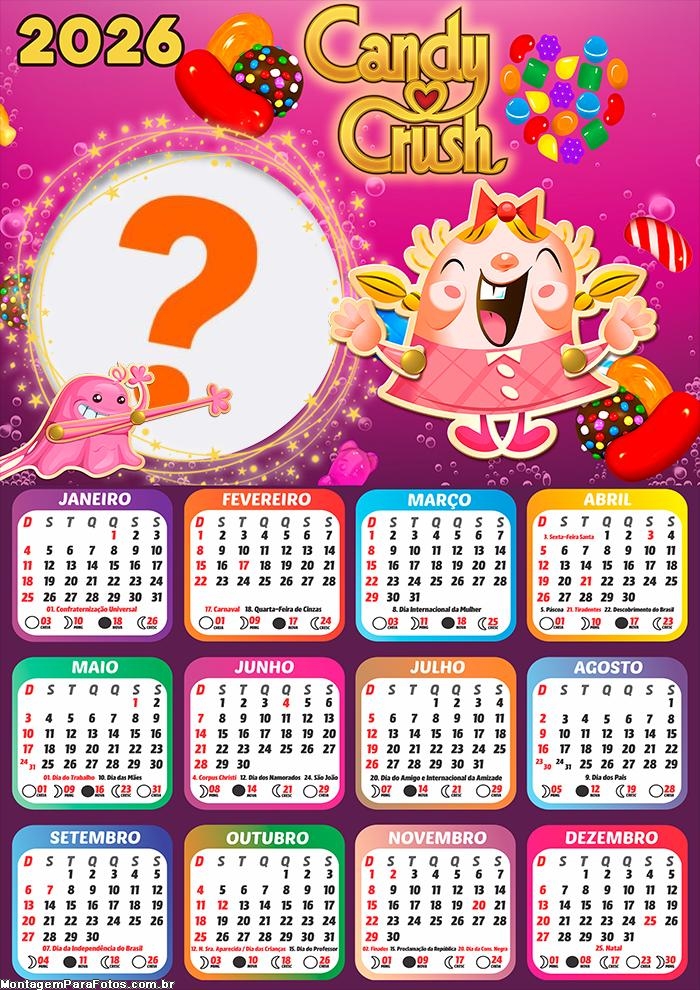 Calendário 2026 Candy Crush Colagem de Fotos