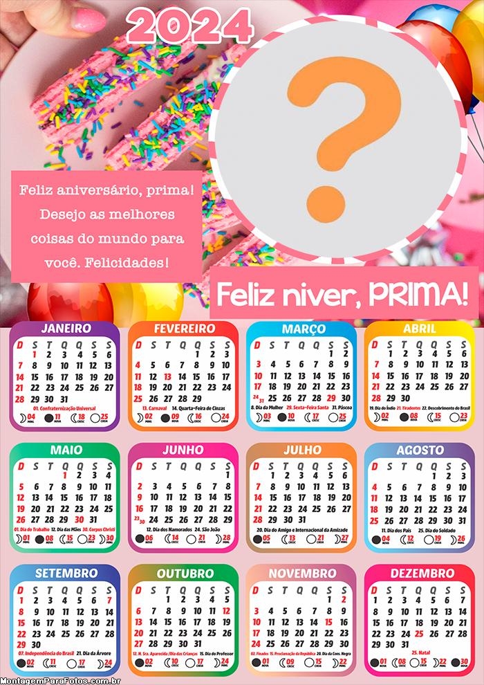 Calendário 2024 Feliz Aniversário Prima Montagem de Foto Grátis