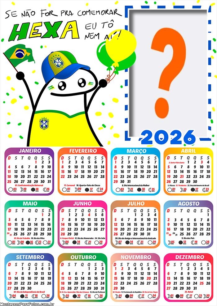 Calendário 2026 Copa do Mundo Bentô Colagem de Fotos