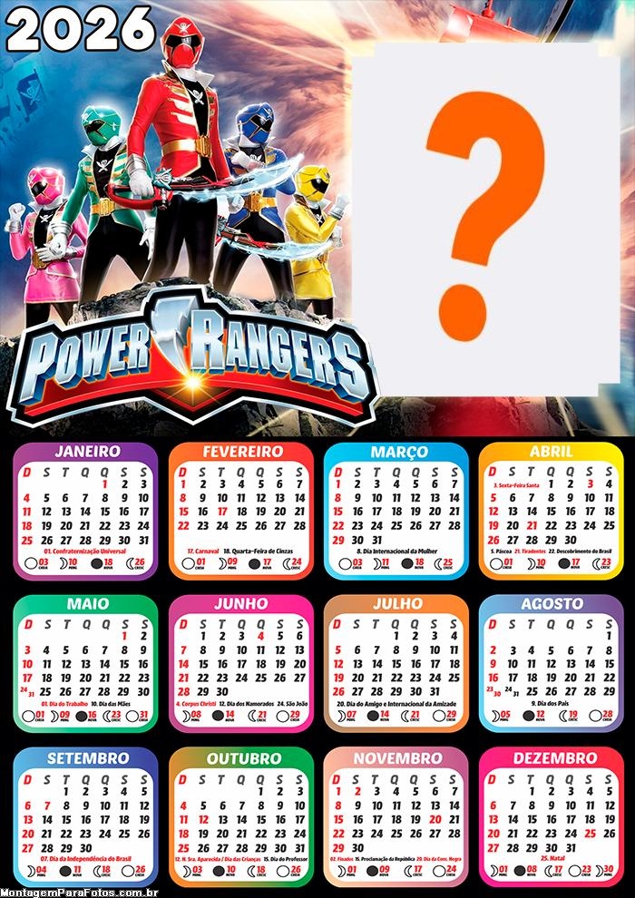Calendário 2026 Power Rangers Emoldurar Foto Online