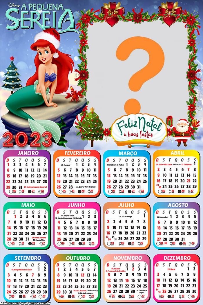 Calendário 2023 Feliz Natal A Pequena Sereia Moldura com Foto