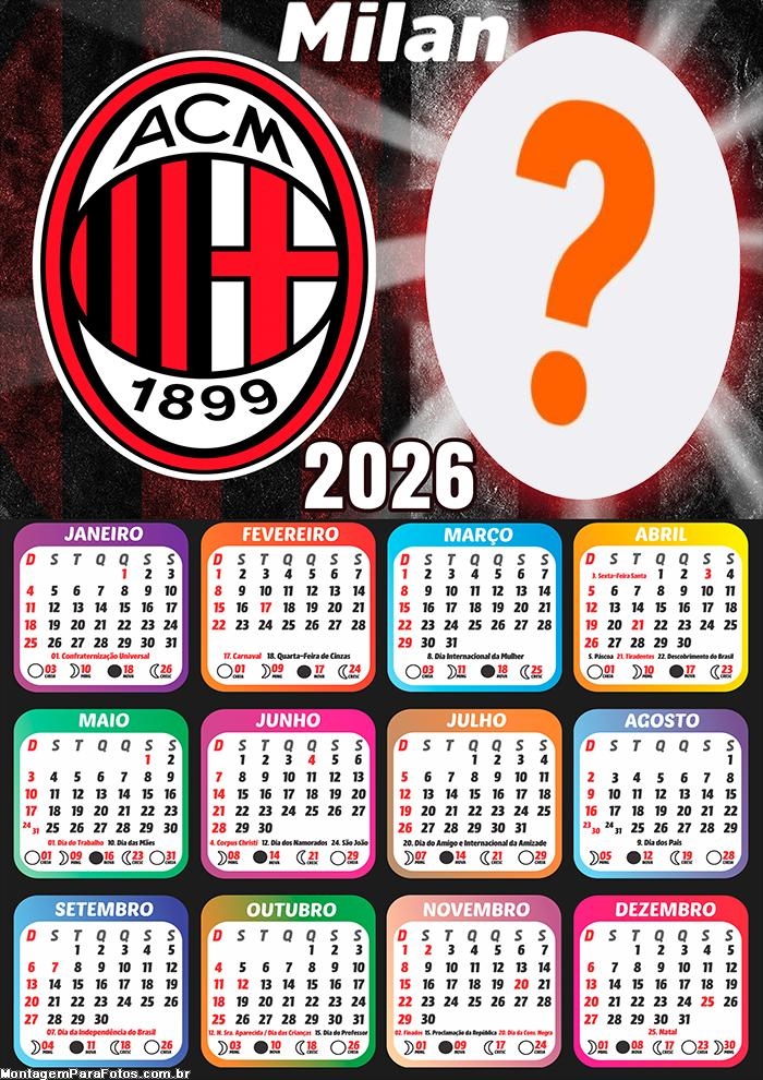 Calendário 2026 Milan Fazer Colagem Grátis