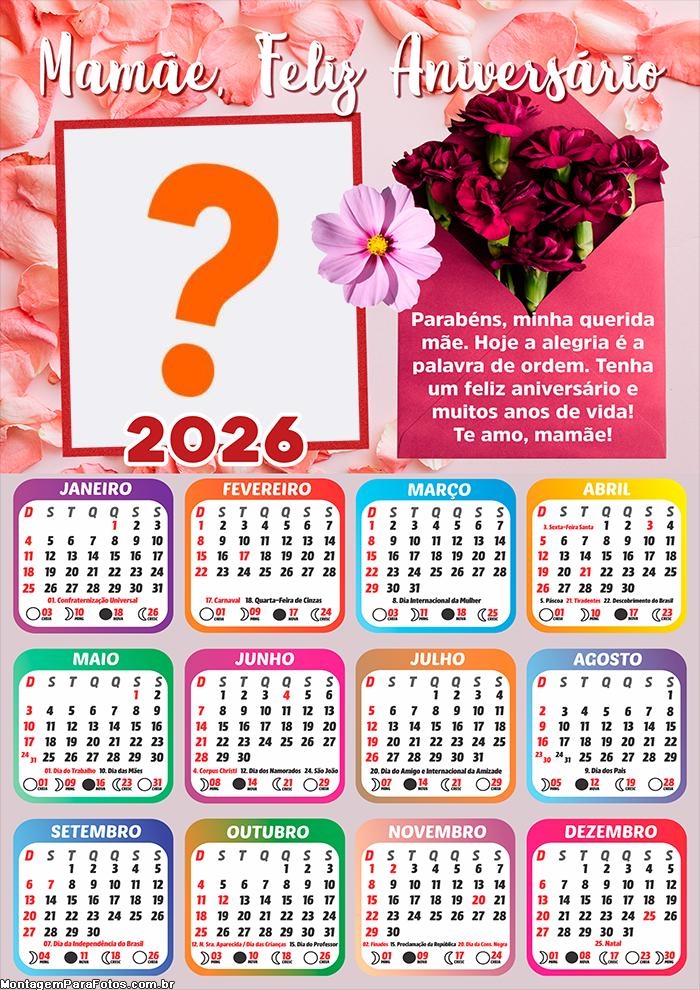 Calendário 2026 Mamãe Feliz Aniversário Colar Foto Online