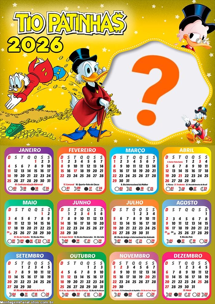 Calendário 2026 Tio Patinhas Montar Foto Grátis
