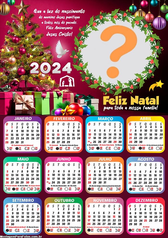 Calendário 2024 Feliz Natal Gospel com Foto Montagem